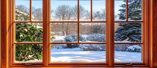 Snowy winter scene viewed from a wood window