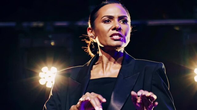 Confident female speaker delivering an inspiring presentation on stage under dramatic lighting with a focused expression