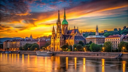 Fototapeta premium Majestic Budapest Danube River Church at Sunset, Rule of Thirds Composition