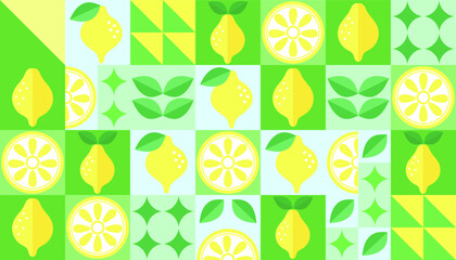 Lemon geometric background. Vector minimalist style pattern. Bauhaus trend. Abstract illustration of lemon, leaves, symbols. Simple icon.