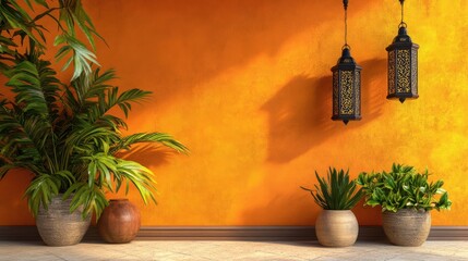 Fototapeta premium Bright Orange Wall with Lanterns and Decorative Green Plants