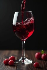 Crimson wine pours, swirling in crystal glass on dark wood , delicious, crystal, alcohol