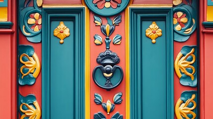Colorful Ornate Door with Intricate Floral and Leaf Designs