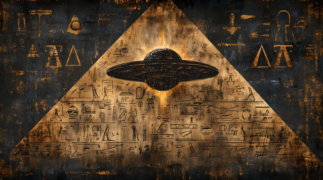 Mysterious hieroglyphs featuring alien craft during pyramid construction, blending ancient lore and speculative theories. Ancient Alien Glyphs. Illustration