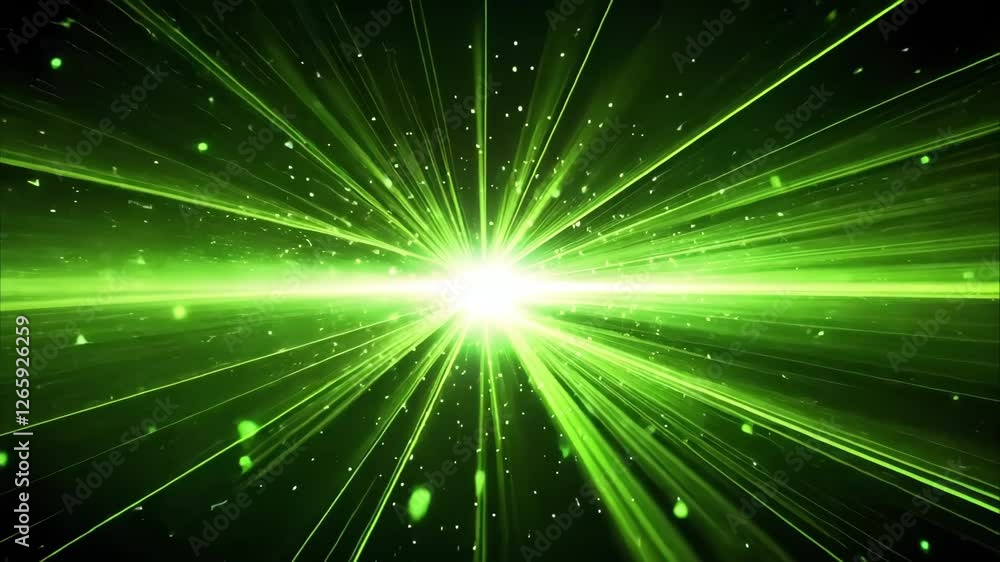 Poster a vibrant green burst of light with rays extending outward, surrounded by a sparkling background.