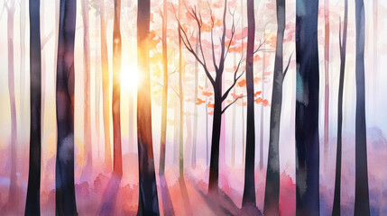 Obraz premium Enchanted forest with glowing light filtering through mystical trees, creating dreamy and serene atmosphere with warm hues of pink, orange, and purple in watercolor style