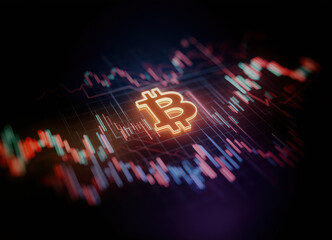 A glowing bitcoin rests on a reflective surface, illuminated by vibrant, dynamic graphs illustrating cryptocurrency price fluctuations. The scene evokes feelings of volatility and potential in the d 