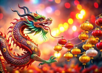 Majestic Chinese Dragon with Red Lanterns - Left Composition, Copy Space