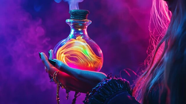 Enchanting hand twirls mystical potion against vivid neon backdrop