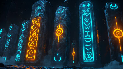 Naklejka premium Seamless alien glyphs glowing on ancient monolith. Ancient Alien Glyphs. Illustration