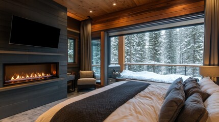 Modern bedroom features fireplace television and large windows with winter view