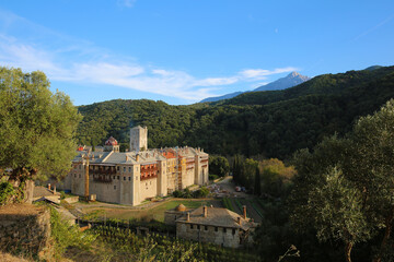 Iviron monastery as seen from the trail connecting it to Karyes in Mont Athos