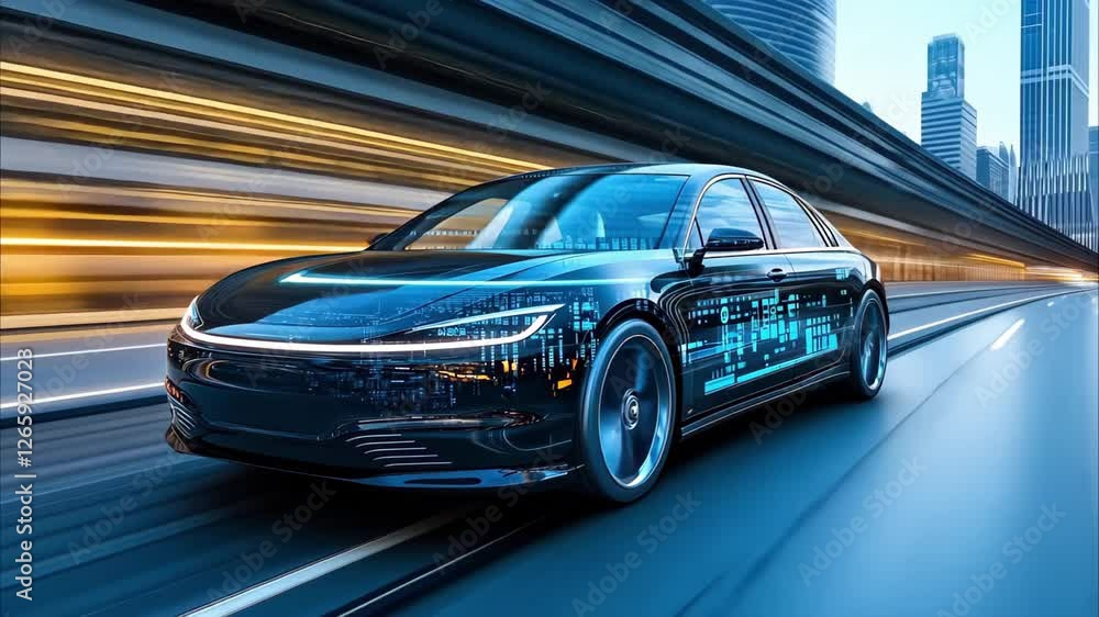 Poster a futuristic black car with digital patterns, moving swiftly through a cityscape with skyscrapers.