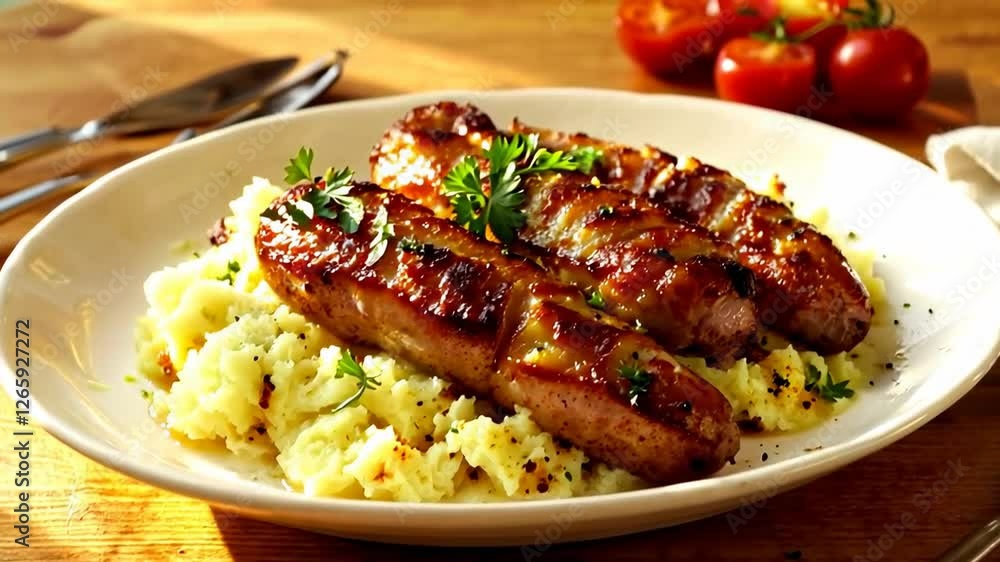 Poster there are two toasted sausages on the plate, next to which there is a portion of mashed potatoes. th