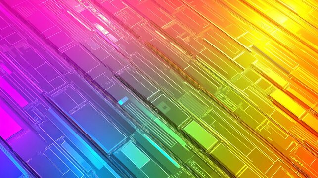 A brightly colored rainbow silicon wafer microchip cells on a white background. A polycrystalline microelectronic component used in integrated circuit manufacturing