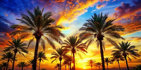 Obraz premium Majestic Date Palm Treetops Double Exposure: Sun-Kissed Desert Oasis Stock Photo