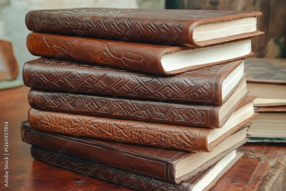 Poster a collection of handmade leather-bound journals is neatly stacked on a rustic wooden table, showcasi
