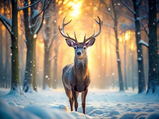 Majestic Deer in Winter Wonderland: Bokeh Snow Forest Scene