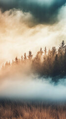Fototapeta premium Mystical morning fog enveloping a serene forest landscape at dawn