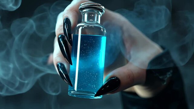 Enigmatic hand holding blue potion with mysterious smoke in ambient lighting