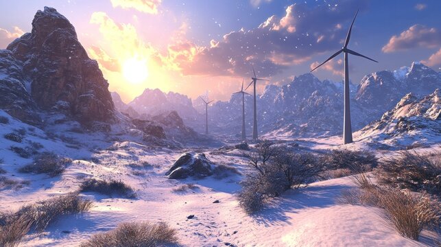Sunset wind turbines snowy mountain valley renewable energy
