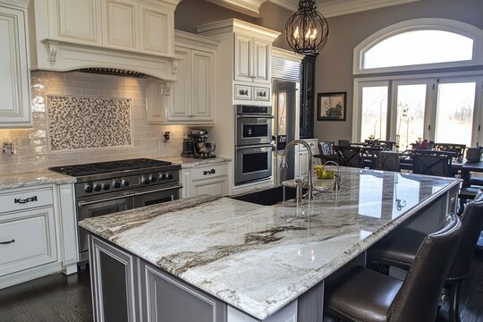 Modern kitchen with granite countertops and custom cabinetry.