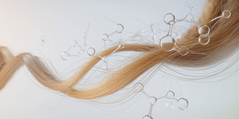 Blond hair lock flowing through abstract molecules structure on white background
