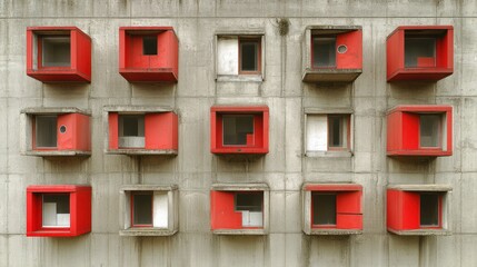 Modern architecture featuring red cubical windows on a gray building
