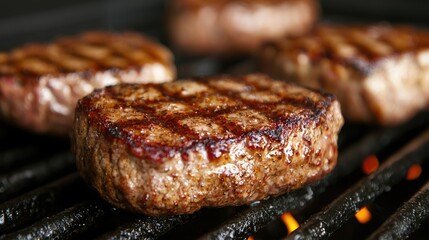 Juicy grilled patties sizzling on BBQ grill