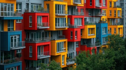 Fototapeta premium Modern colorful apartments; exterior of a residential building in an urban neighborhood