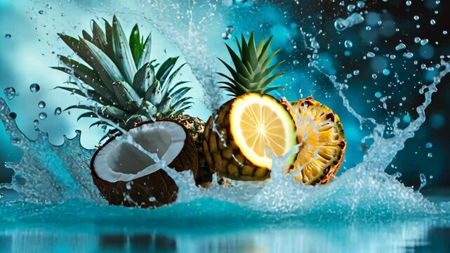 Tropical explosion: pineapple and coconut splashing in refreshing water burst