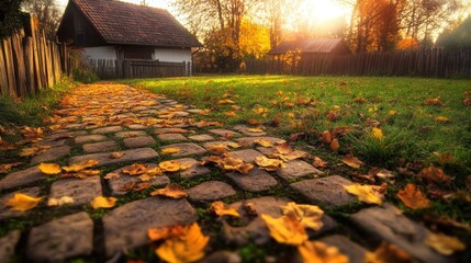 Autumnal village path sunset, leaves, rustic buildings, postcard