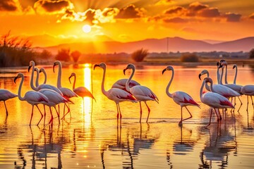 Obraz premium Majestic Flamingos in Delta de l'Ebre, Tarragona, Spain - Sunrise Landscape
