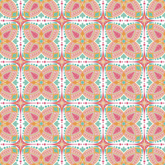 A vibrant geometric pattern resembling ceramic tiles, featuring repeating floral motifs with a balanced and elegant design. transparent background.