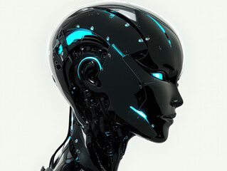 Abstract  portrait of an advanced and futuristic female robot face concept with new metallic parts and neon wiring with solid neutral colored background