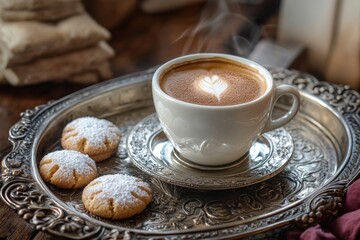 A steaming cup of espresso with a heart design sits on an ornate silver tray alongside sugar-dusted cookies. This inviting display captures a warm and cozy afternoon moment