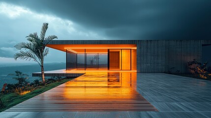 Fototapeta premium Modern house on a cliff, sunset light reflecting on wet deck, mountain view