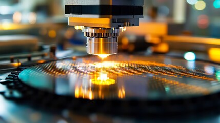 A silicon wafer undergoes production at an advanced semiconductor foundry specializing in microchip manufacturing