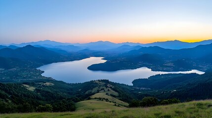 Naklejka premium Serene Sunset Over a Mountain Lake and Valley