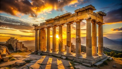 Fototapeta premium Majestic Greek Temple Ruins at Sunset, Golden Hour Landscape Photography