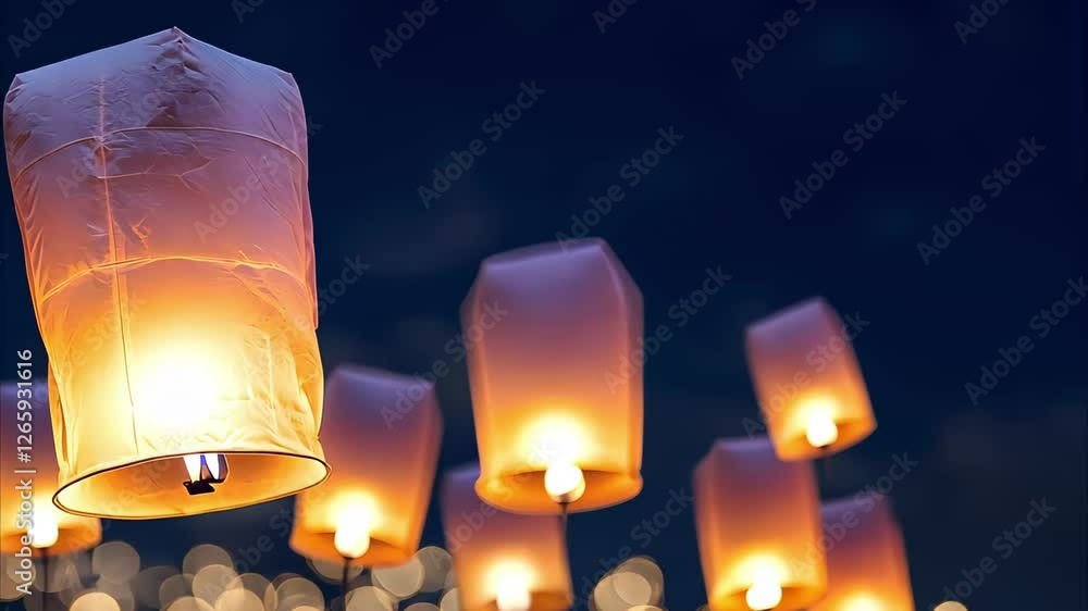 Aufkleber floating lanterns illuminated against a dark background with soft, blurred lights creating a festive