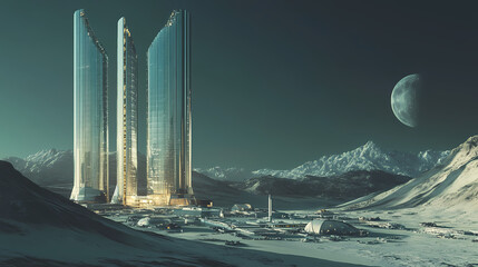 Fototapeta premium Lunar base a futuristic cityscape on a distant moon, 3d render, sci-fi, space exploration, colony. Lunar Glass Towers. Illustration