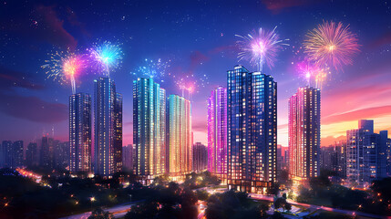 Obraz premium lunar new year fireworks modern skyline