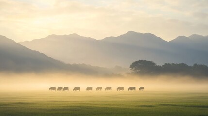 Fototapeta premium Misty Sunrise Meadow with Grazing Animals