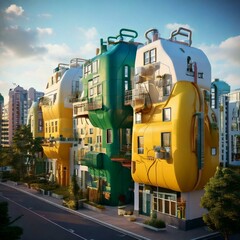 Miasto przyszłości z futurystycznymi budynkami w kształcie kanistrów na paliwo/The city of the future with futuristic buildings of the fuel containers shape