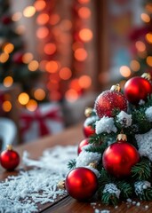 A festive arrangement of red christmas ornaments on a wooden table with snow and soft bokeh lights in the background during the holiday season bokeh red bokeh abstract background glow design light tex
