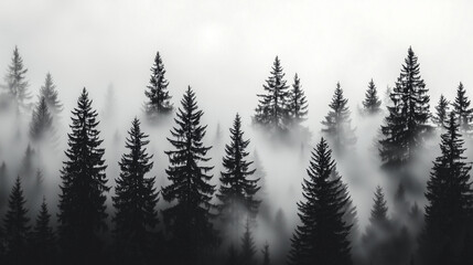 Misty Black and White Forest with Tall Pine Trees – Cinematic Moody Monochrome Wallpaper for Modern Interiors