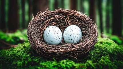 Obraz premium Two speckled eggs in forest nest on moss