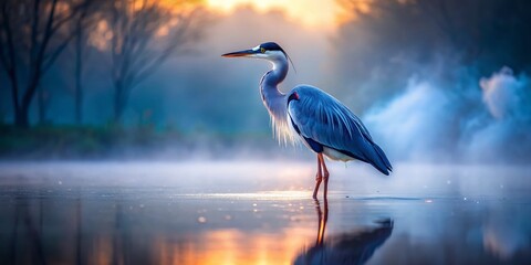 Fototapeta premium Majestic Heron at Dusk: Low Light Lake Photography