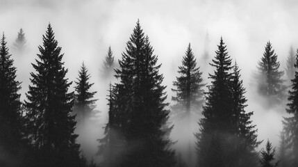 Misty Black and White Forest with Tall Pine Trees – Cinematic Moody Monochrome Wallpaper for Modern Interiors